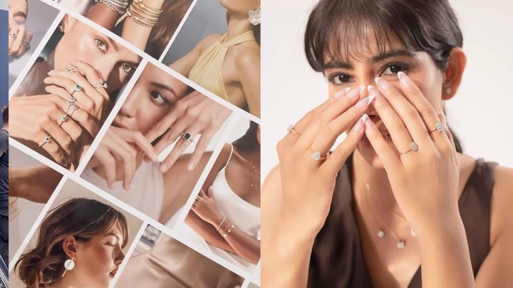 Jewellery campaign imagery produced by The Wabi Sabi Studio, shown as a printed contact sheet beside a finished portrait