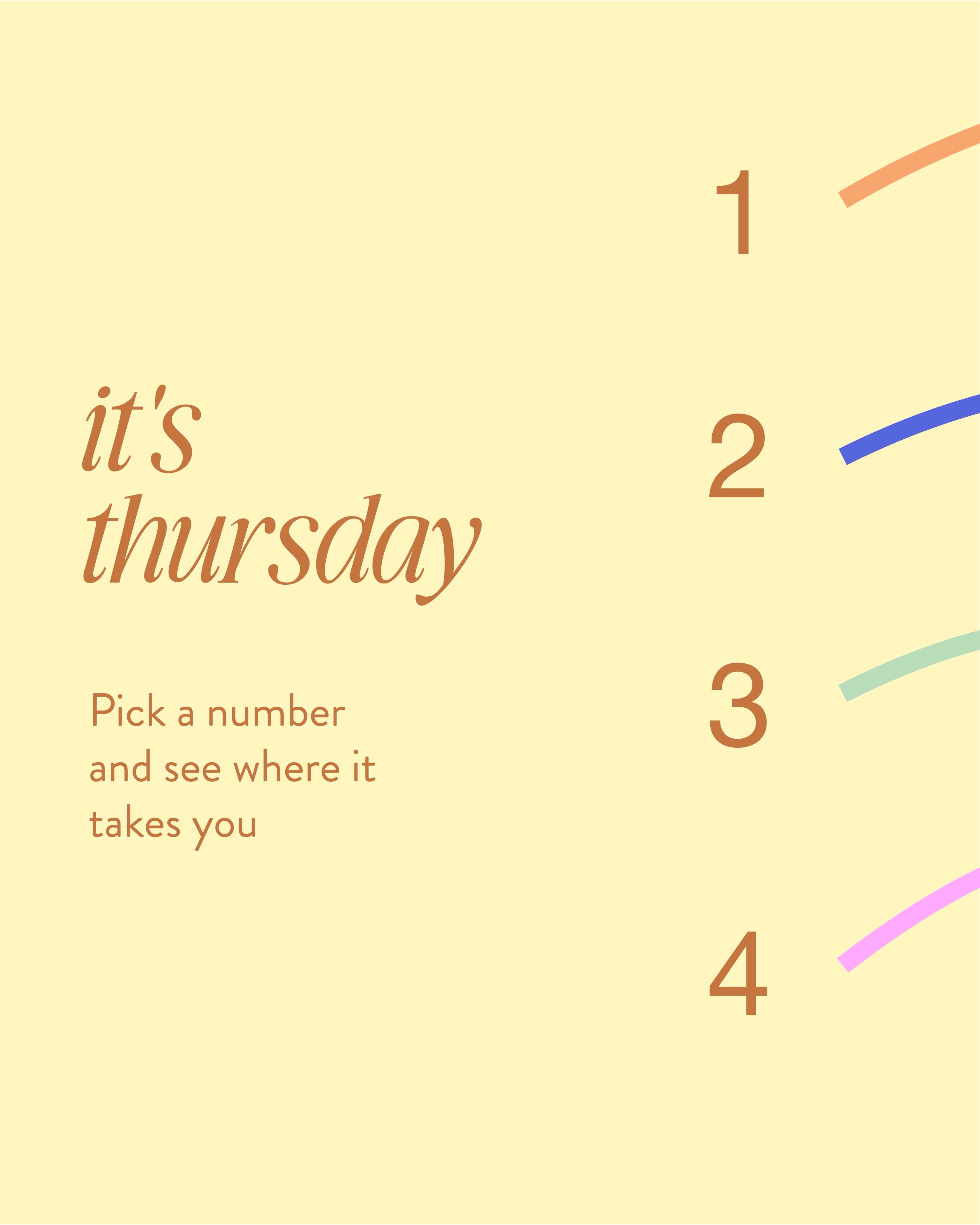A pale yellow social graphic reading it's thursday, pick a number and see where it takes you