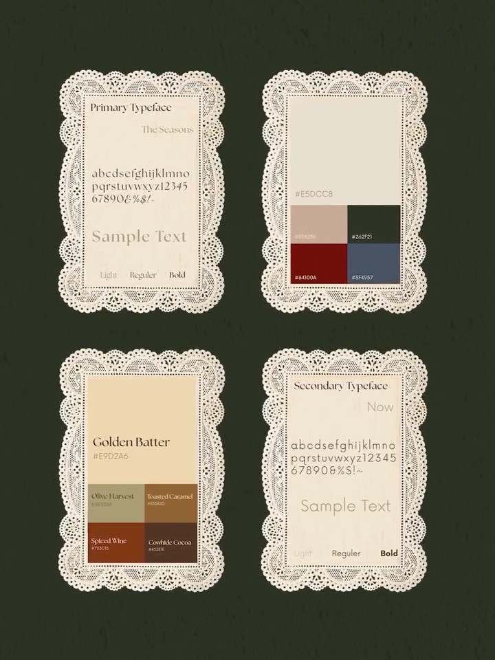The Wabi Sabi Studio brand style guide showing typefaces and warm earth colour palettes
